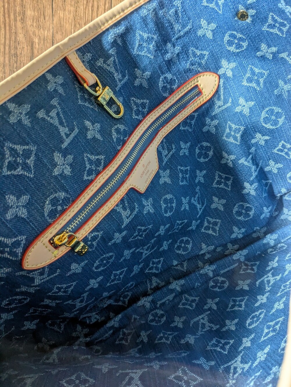 Blue Monogram Denim Jean Tote Bag Purse with Matching Wristlet Pouch 3 Piece Set - Picture 6 of 16